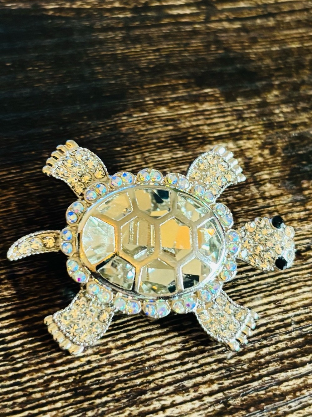 Sparkling Gold Tone Large Turtle Brooch with Rhinestone Crystal Accent